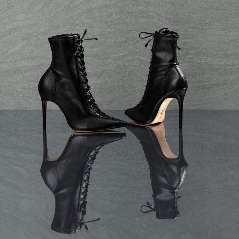 SCHUTZ Tennie Lace Up High Heel Pointed Toe Boots Bootie Size 5 Black NEW $188